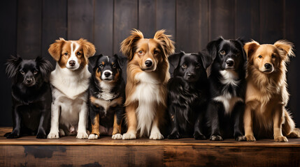 arafed group of dogs sitting on a wooden table in front of a black background Generative AI