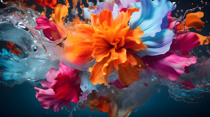 brightly colored flowers are in the water with a splash of water Generative AI - obrazy, fototapety, plakaty