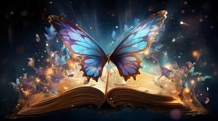 butterflies flying out of an open book with a blue butterfly on top Generative AI