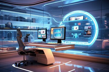 Hi-tech business room, holographic displays, minimalist modern design, futuristic workspace.