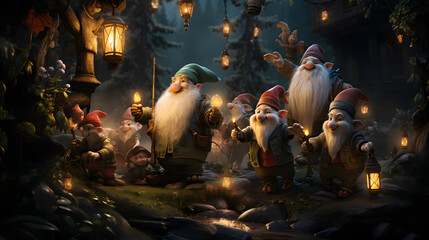 there are many gnomes that are standing in the woods Generative AI