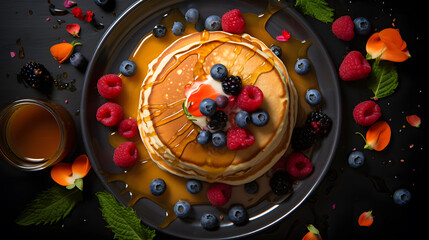 araffe pancakes with berries and syrup on a plate with flowers Generative AI