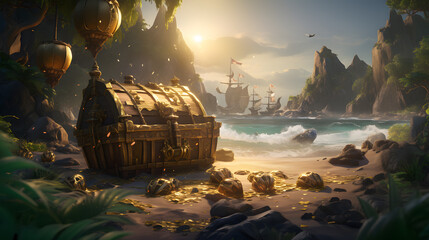 Naklejka premium pirate ship in the ocean near a wooden chest on a beach Generative AI