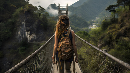 araffe walking across a suspension bridge in the mountains Generative AI - obrazy, fototapety, plakaty