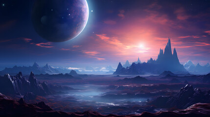 arafed view of a planet with a mountain range and a distant sky Generative AI