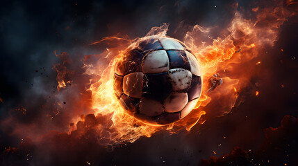 arafed soccer ball in flames with a black background Generative AI
