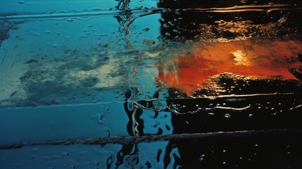Pooling water on a street curb Teal and Orange colors