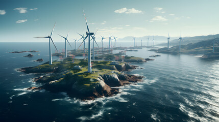 arafed view of a wind farm on a small island in the ocean Generative AI - obrazy, fototapety, plakaty