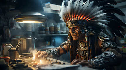 arafed man in a native american costume lighting a candle Generative AI