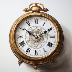 A gold clock illustration with white background. Generative AI. 