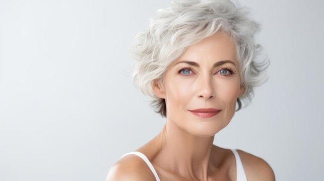 Beautiful 50s mid aged mature woman looking at camera isolated on white. Mature old lady close up portrait. Healthy face skin care beauty