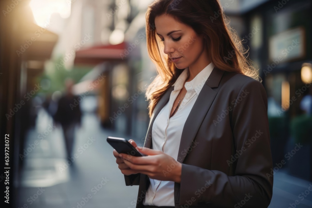 Wall mural Closeup image of business woman checking her smart mobile phone device outdoors