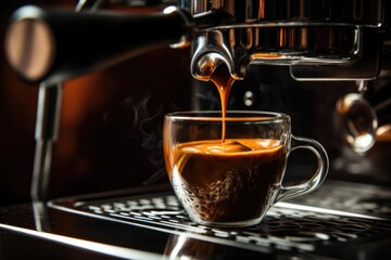 Close up view of espresso pouring from espresso machine professional coffee brewing
