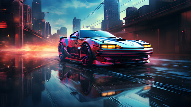 there is a car that is driving down the street in the rain Generative AI