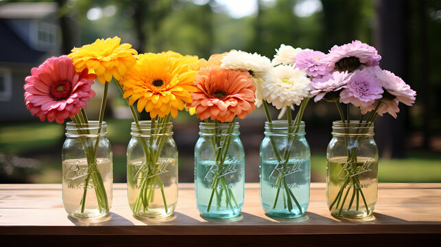 there are five mason jars with flowers in them on a table Generative AI