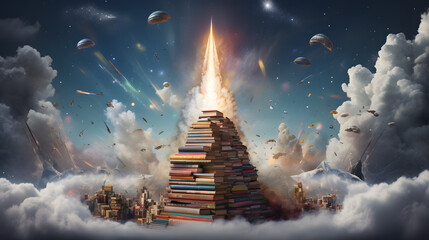 there is a tall tower of books in the sky with a rocket coming out of it Generative AI - obrazy, fototapety, plakaty