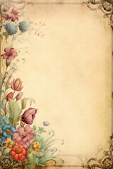 Vintage old paper with watercolor ornaments and flowers Generative AI