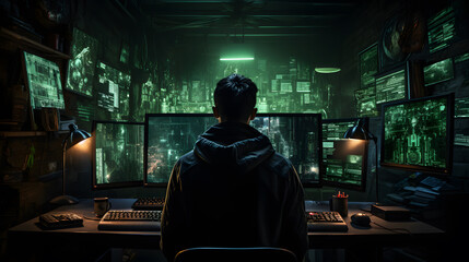 Fototapeta na wymiar there is a man sitting at a desk with three monitors Generative AI