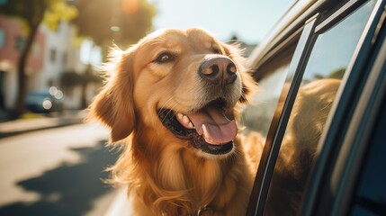 Professional photograph of happy dog on the car window summer vacation travel