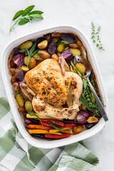 A roasted chicken with fresh vegetables in a roasting pan, ready for serving.