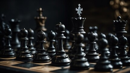 Naklejka premium Chess game king. Black king winner surrounded with black gold chess piece. Created with Generative AI technology.