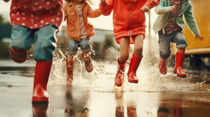 Several children wearing rain red boots