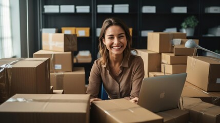 Smiling female ebay seller boxes and packing tape all around her working on her laptop