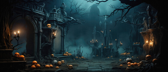 Halloween spooky background, scary pumpkins in old big creepy Happy Haloween ghosts horror house evil haunted castle scene. Creepy dark gothic mysterious night dark backdrop concept. 
