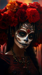 Woman characterized as a Catrina Celebrating Tradition and Elegance. Generative AI