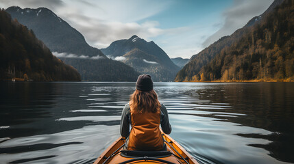 there is a woman that is sitting in a kayak on the water Generative AI - obrazy, fototapety, plakaty