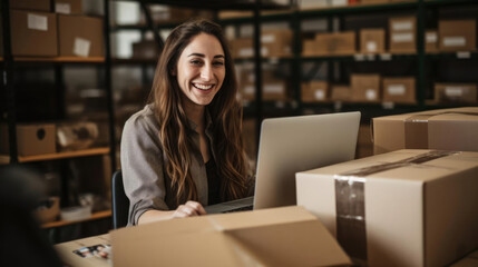 Smiling female ebay seller boxes and packing tape all around her working on her laptop
