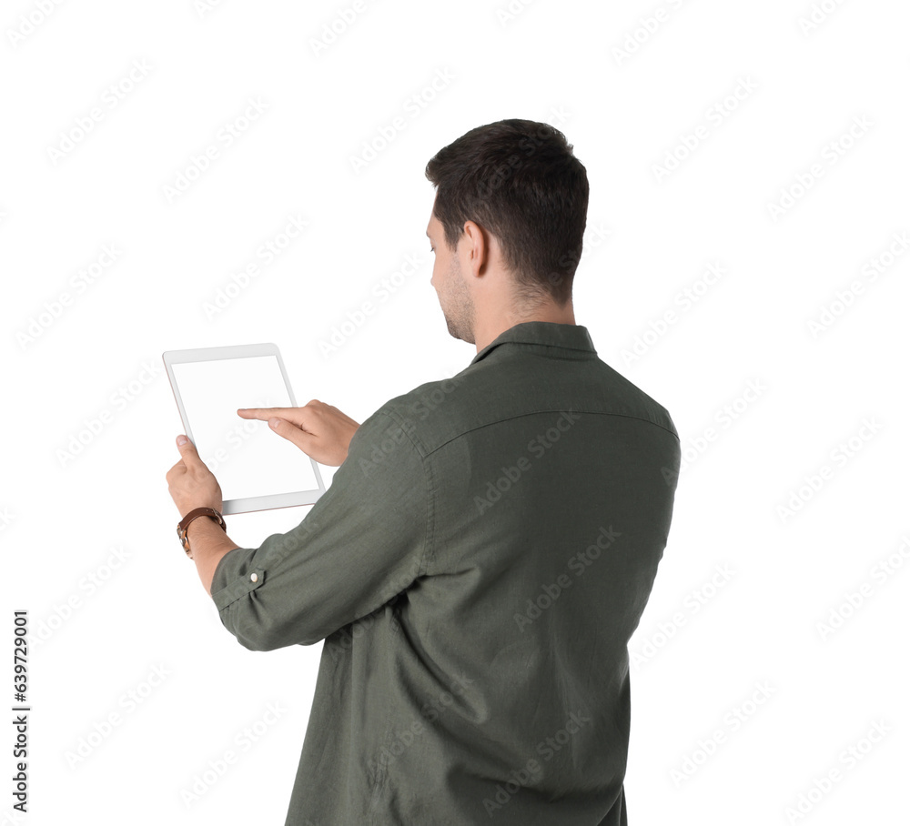 Poster man using tablet with blank screen on white background. mockup for design