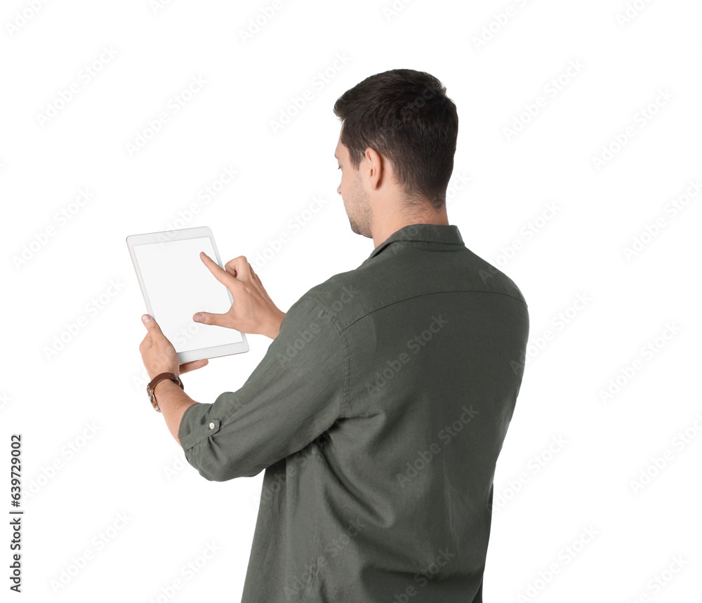 Poster man using tablet with blank screen on white background. mockup for design