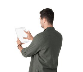 Man using tablet with blank screen on white background. Mockup for design