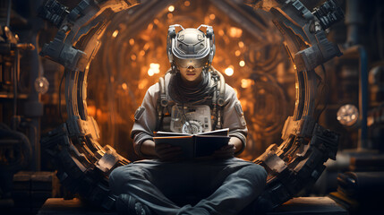 arafed man in a steam suit sitting on a chair reading a book Generative AI - obrazy, fototapety, plakaty