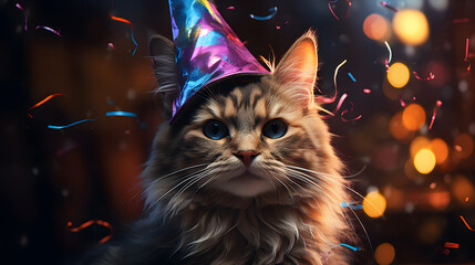 araffe cat wearing a party hat with confetti around it Generative AI
