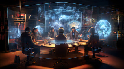 people sitting around a table with a projection of a planet Generative AI - obrazy, fototapety, plakaty