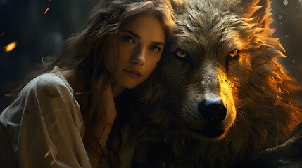 arafed woman with long hair and a white shirt hugging a large brown wolf Generative AI
