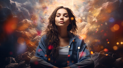 arafed woman sitting in a meditation position in front of a cloud filled sky Generative AI
