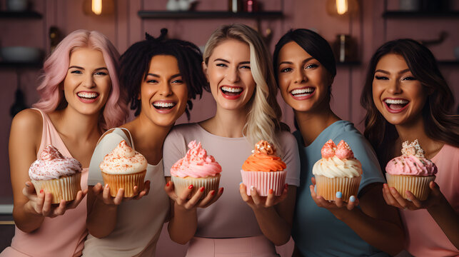 several women holding up cupcakes with different toppings in their hands Generative AI
