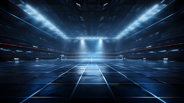 arafed empty basketball court with lights and a dark background Generative AI