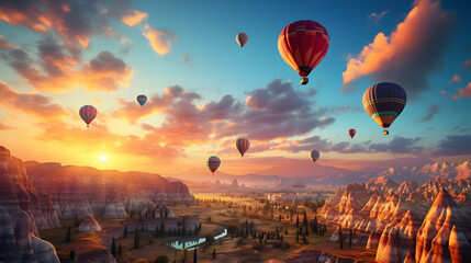 balloons flying over a valley with a sunset in the background Generative AI