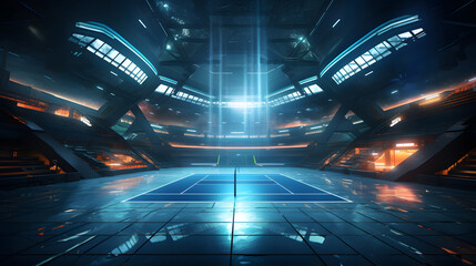 arafed view of a tennis court with lights and a tennis court Generative AI