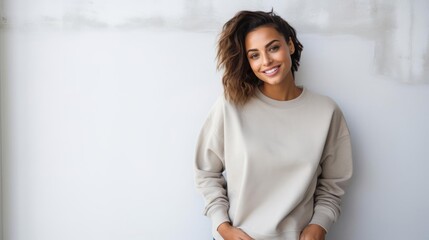  beautiful woman wearing a plain tan sweatshirt standing in front  white wall with modern decor in the background