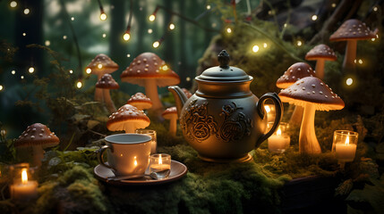there are many mushrooms and tea cups on the moss Generative AI