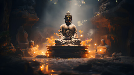 there is a statue of a buddha sitting in a cave Generative AI