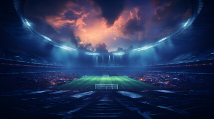 arafed view of a soccer stadium with a soccer field and a dramatic sky Generative AI - obrazy, fototapety, plakaty