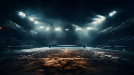 arafed tennis court with lights and a net in the middle Generative AI - obrazy, fototapety, plakaty