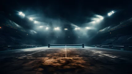 Foto op Plexiglas arafed tennis court with lights and a net in the middle Generative AI © GestureShot