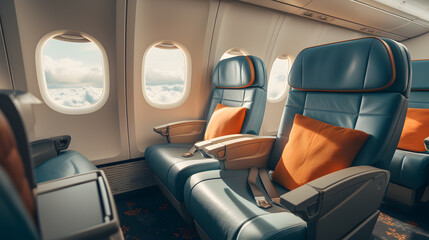 there are two seats in the airplane with orange pillows Generative AI